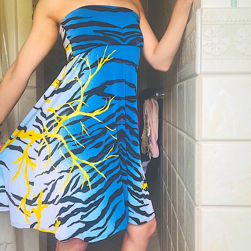 Blue & Yellow Tropical Coral Print Strapless A-line Short Summer Dress Mid Skirt